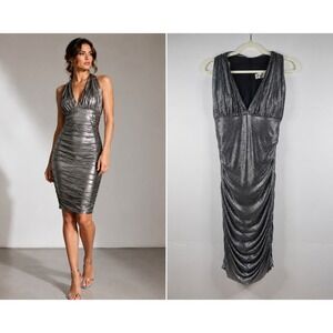 Eliza J Metallic Ruched Cocktail Dress 12 Silver Halter Neckline NWT